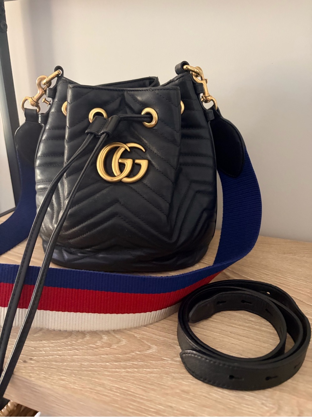 Gucci Black Marmont Leather Bucket Bag with Cross Body & Shoulder Straps